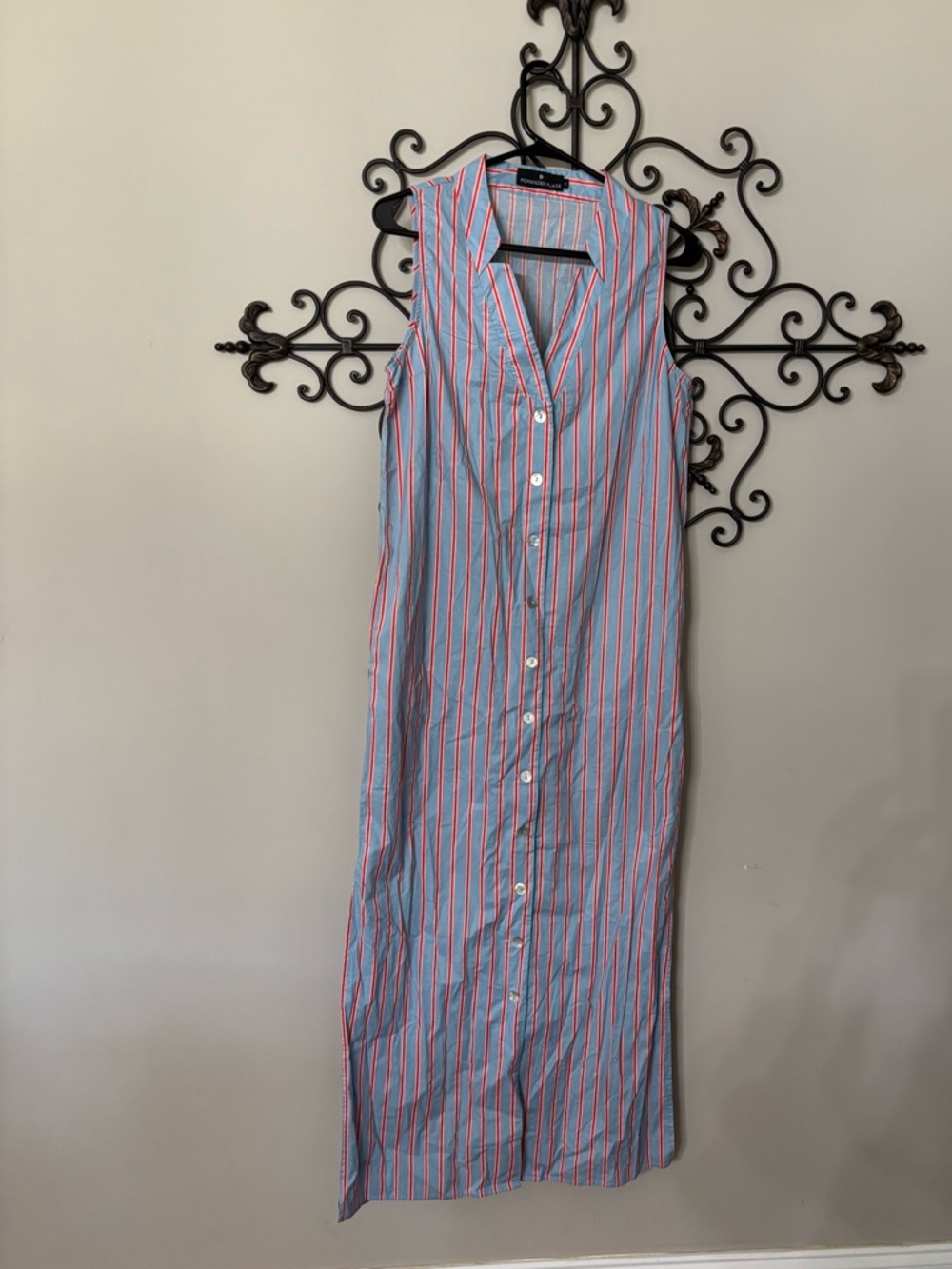 Button-Front Sleeveless Maxi Dress - Blue & Red Stripe